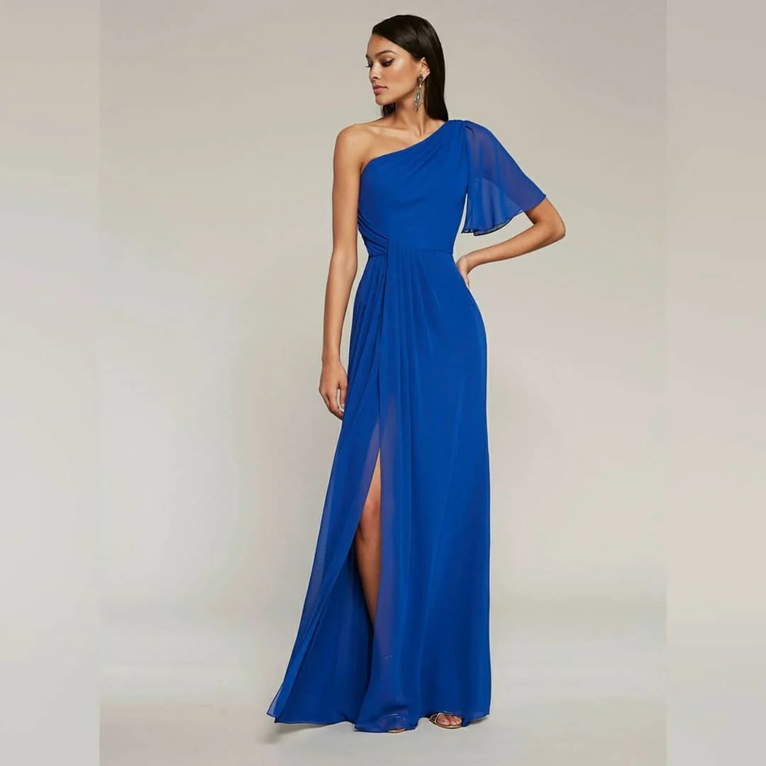 Customized Classic Blue Chiffon Evening Dresses One Shoulder Celebrity Dresses Short Sleeves Sweep Train Special Occas
Customized Classic Blue Chiffon Evening Dresses One Shoulder Celebrity Dresses Short Sleeves Sweep Train Special Occas