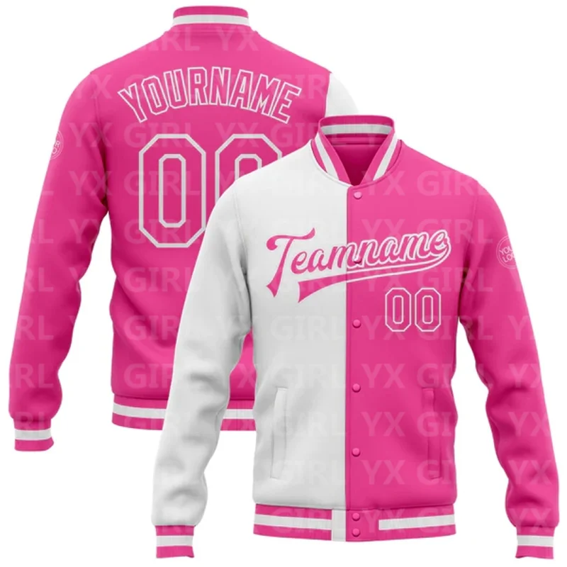 Custom Pink Pink-White Bomber Full-Snap Varsity Letterman Split Fashion Jacket 3D Printed Baseball Button Jacket
Custom Pink Pink-White Bomber Full-Snap Varsity Letterman Split Fashion Jacket 3D Printed Baseball Button Jacket
