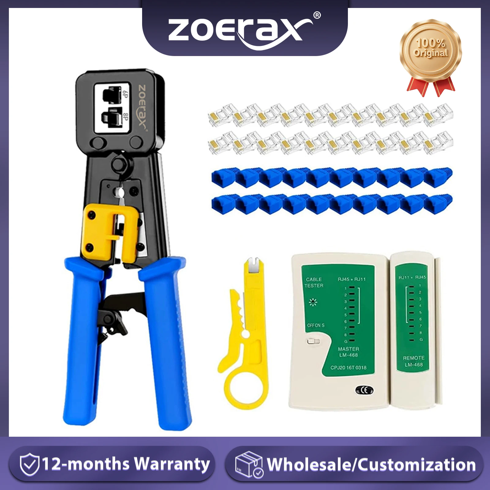 ZoeRax RJ45 Cat6/5e/5 Crimp Tool Kit with 20PCS Cat6 pass through Connectors and Covers, Wire Punch Down Cutter,Cable Tester
ZoeRax RJ45 Cat6/5e/5 Crimp Tool Kit with 20PCS Cat6 pass through Connectors and Covers, Wire Punch Down Cutter,Cable Tester