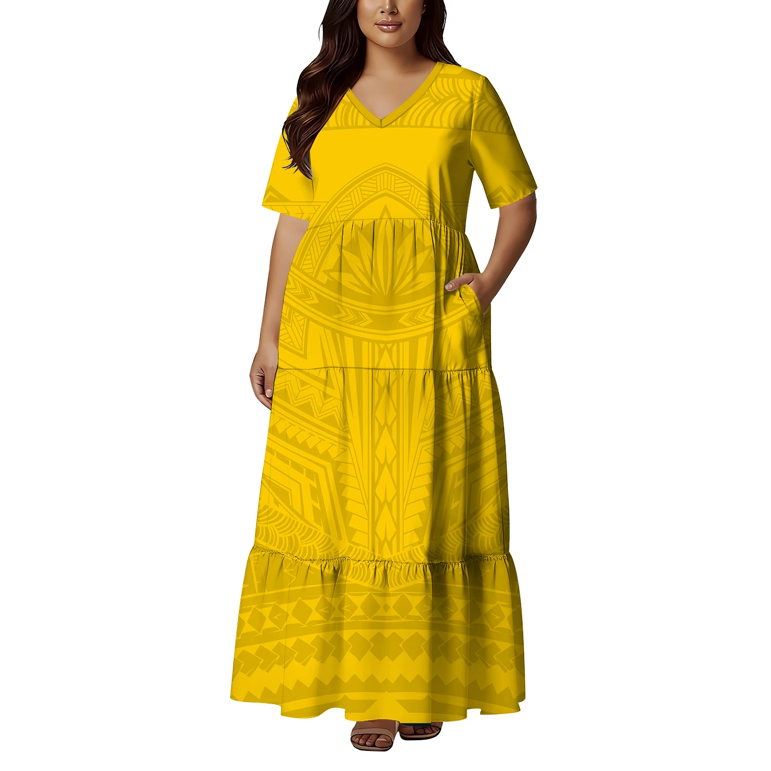 Summer Short-Sleeved V-Neck Hawaiian Island Casual Women'S Wear Polynesian Custom Pocket Design Cinched Waist Loose Dress
Summer Short-Sleeved V-Neck Hawaiian Island Casual Women'S Wear Polynesian Custom Pocket Design Cinched Waist Loose Dress