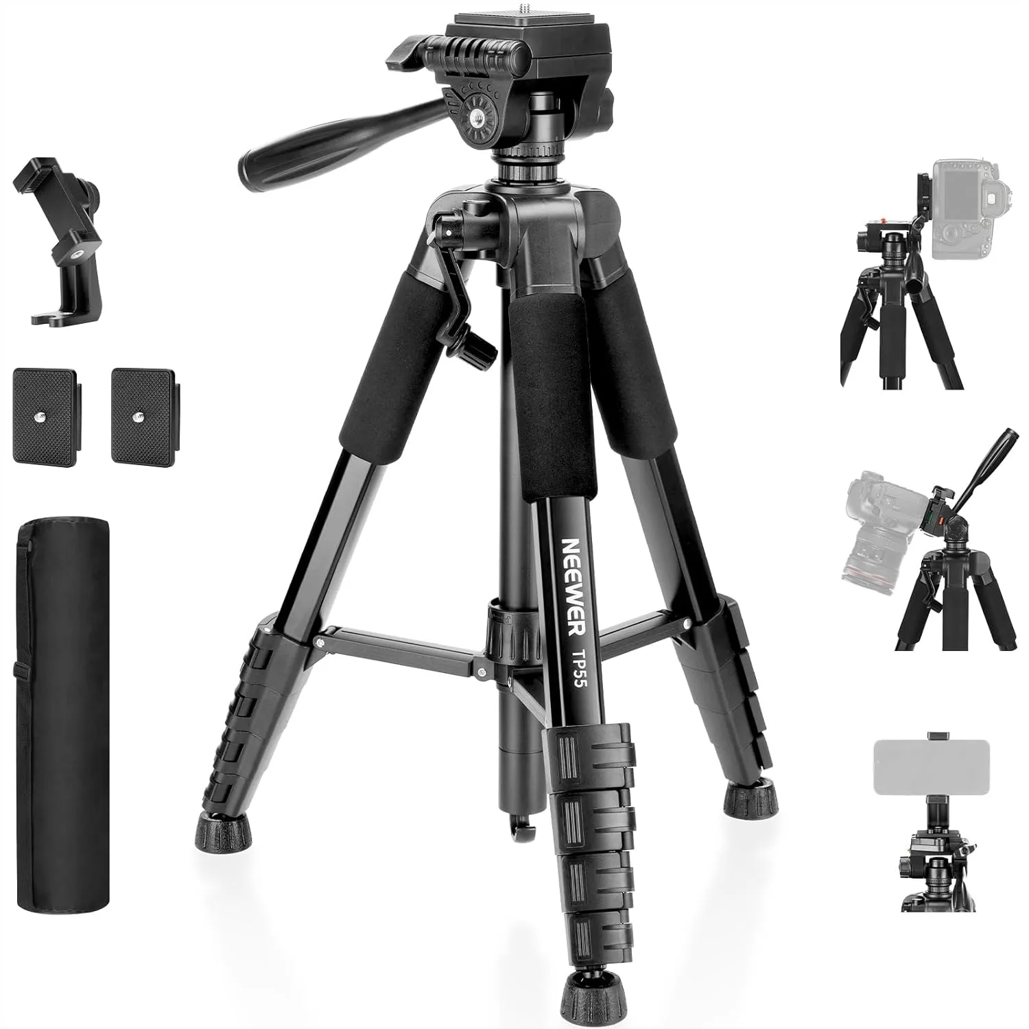 Camera Tripod 71" with Phone Holder for Video Recording, Lightweight Aluminum Travel Stand with 3-Way Pan Tilt Head
Camera Tripod 71" with Phone Holder for Video Recording, Lightweight Aluminum Travel Stand with 3-Way Pan Tilt Head