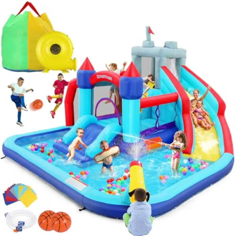 Backyard inflatable dual water slide bounce house for kids: PVC blue and yellow 10-in-1 blow-up water park with blower splash p
Backyard inflatable dual water slide bounce house for kids: PVC blue and yellow 10-in-1 blow-up water park with blower splash p