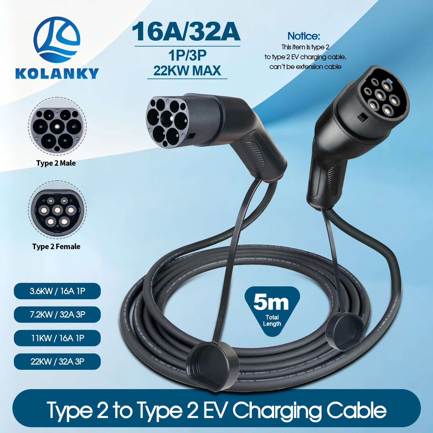 Kolanky 22KW Max Type 2 to Type 2 Protable EV Charging Cable 16A/32A IEC 62196-2 Charger For Electric Vehicles In Public Station
Kolanky 22KW Max Type 2 to Type 2 Protable EV Charging Cable 16A/32A IEC 62196-2 Charger For Electric Vehicles In Public Station