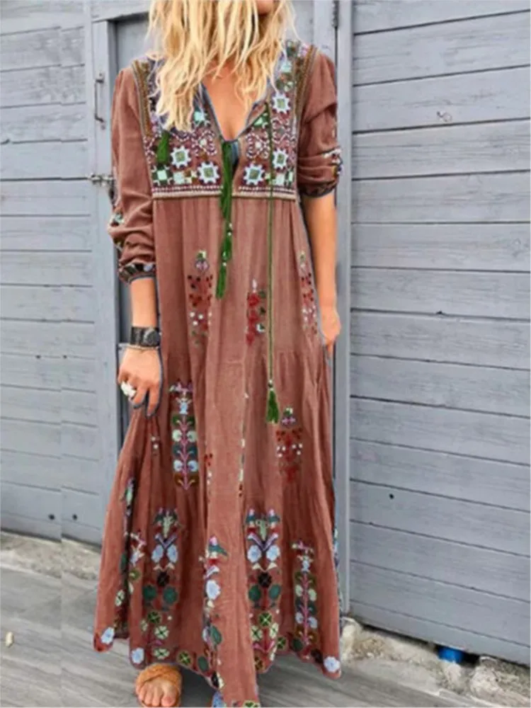Vintage Bohemian Long Dress For Women 2025 Spring Casual Lace-up V Neck Floral Loose Dress Female Holiday Maxi Dress Robe Femme
Vintage Bohemian Long Dress For Women 2025 Spring Casual Lace-up V Neck Floral Loose Dress Female Holiday Maxi Dress Robe Femme