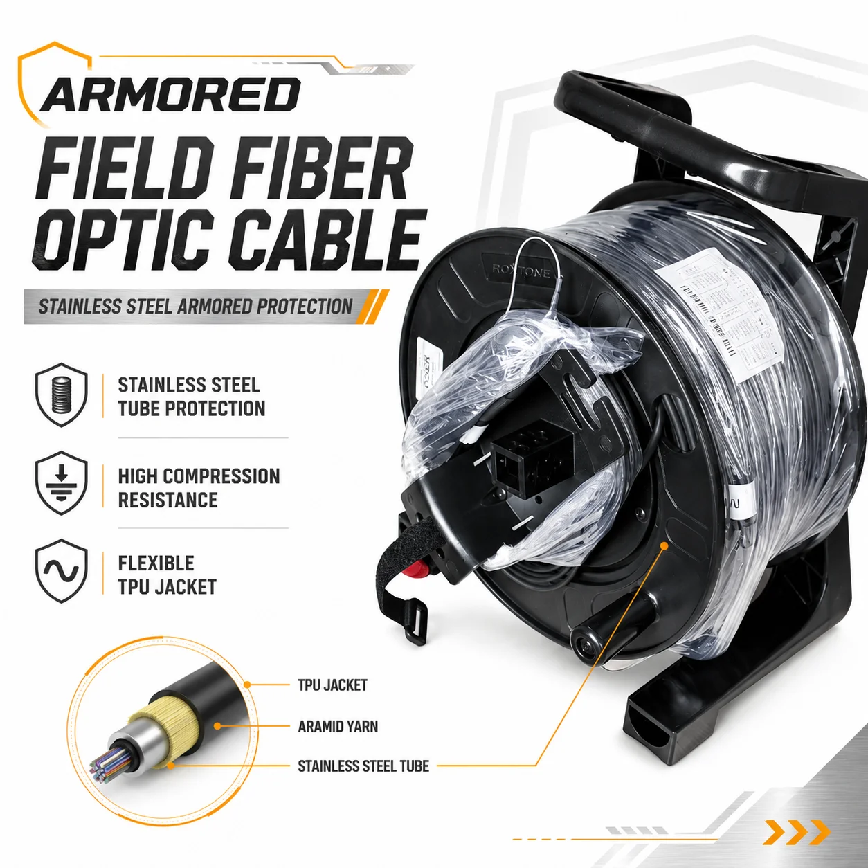 TPU Armored Single mode Optical Cable Flexible Fiber Optic Jumper 2/4/6/8 Cores with Reel PCD235 Protective Cover 200m
TPU Armored Single mode Optical Cable Flexible Fiber Optic Jumper 2/4/6/8 Cores with Reel PCD235 Protective Cover 200m
