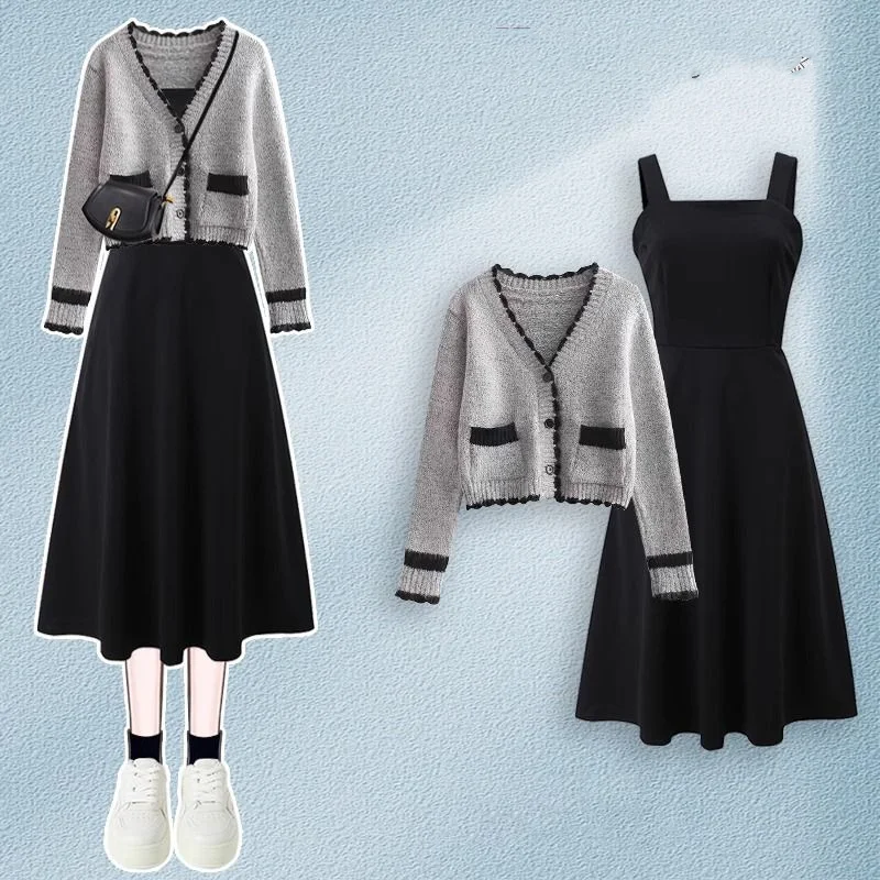 Spring Autumn Outfits 2023 New Fashion Elegant Short Knitted Cardigan Coat Mid Length Strap Dress Two Piece Set For Women
Spring Autumn Outfits 2023 New Fashion Elegant Short Knitted Cardigan Coat Mid Length Strap Dress Two Piece Set For Women