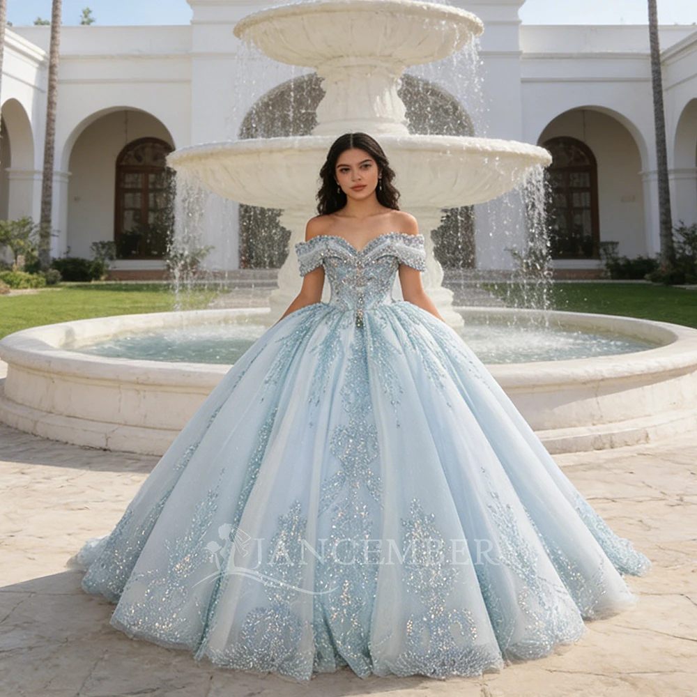 Customized Shiny Sky Blue Quinceanera Dress Sweetheart Ball Gown Beading Short Sleeves Lace Up Back Sweet 16 Vestidos De 15 Anos
Customized Shiny Sky Blue Quinceanera Dress Sweetheart Ball Gown Beading Short Sleeves Lace Up Back Sweet 16 Vestidos De 15 Anos