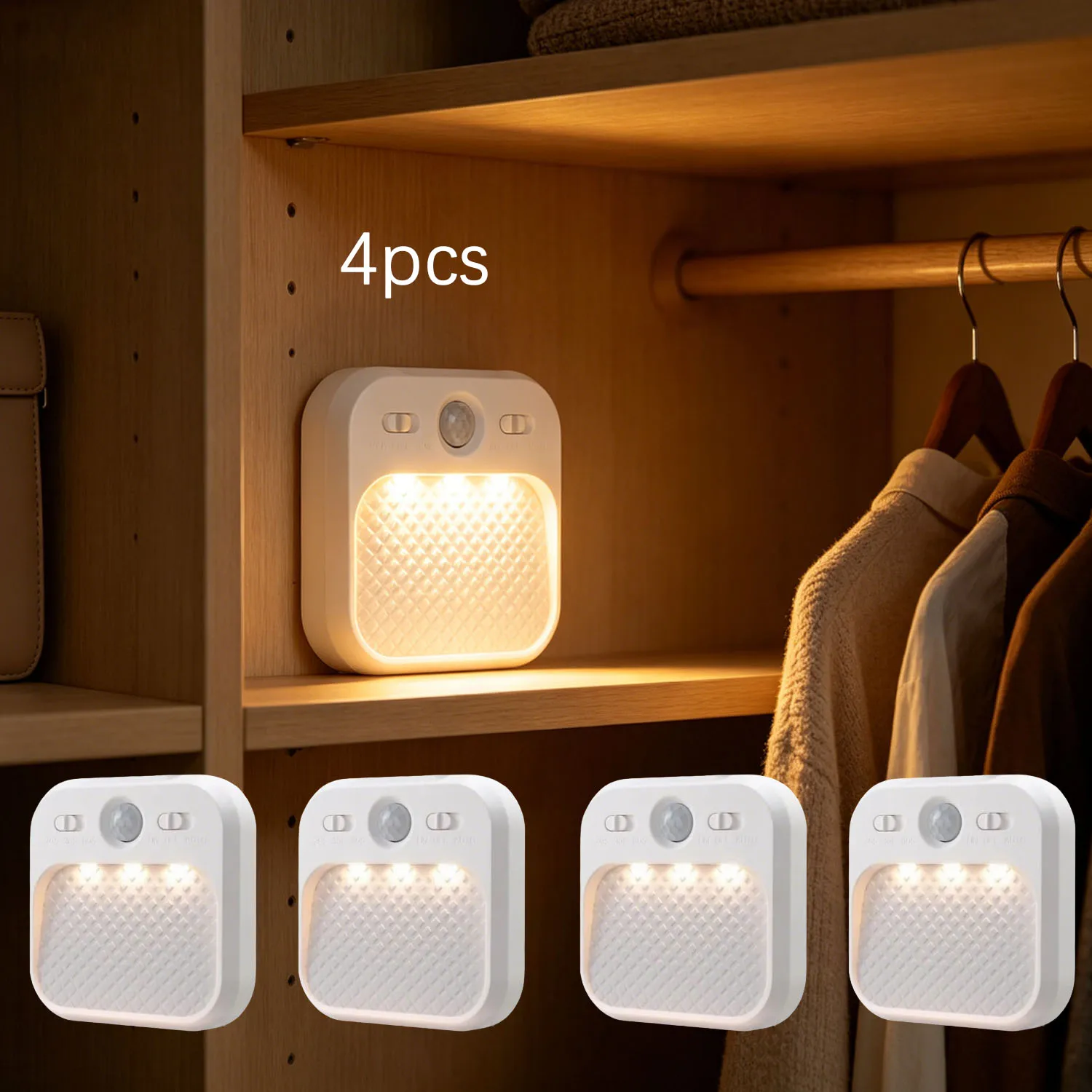 4pcs LED Lights with Motion Sensor, 3 Color Temperatures. Rechargeable light suitable for hallway, bedroom and other scenes
4pcs LED Lights with Motion Sensor, 3 Color Temperatures. Rechargeable light suitable for hallway, bedroom and other scenes