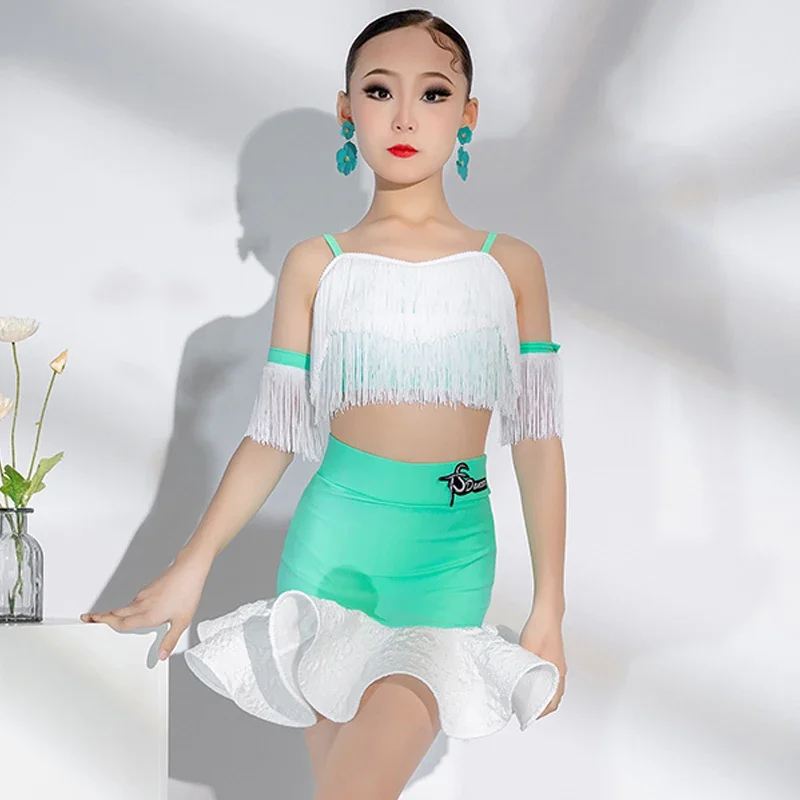 2024 New Latin Dance Competition Costume Girls White Fringed Top Green Skirt Kids Samba Latin Dance Dresses Stage Wear SL9884
2024 New Latin Dance Competition Costume Girls White Fringed Top Green Skirt Kids Samba Latin Dance Dresses Stage Wear SL9884