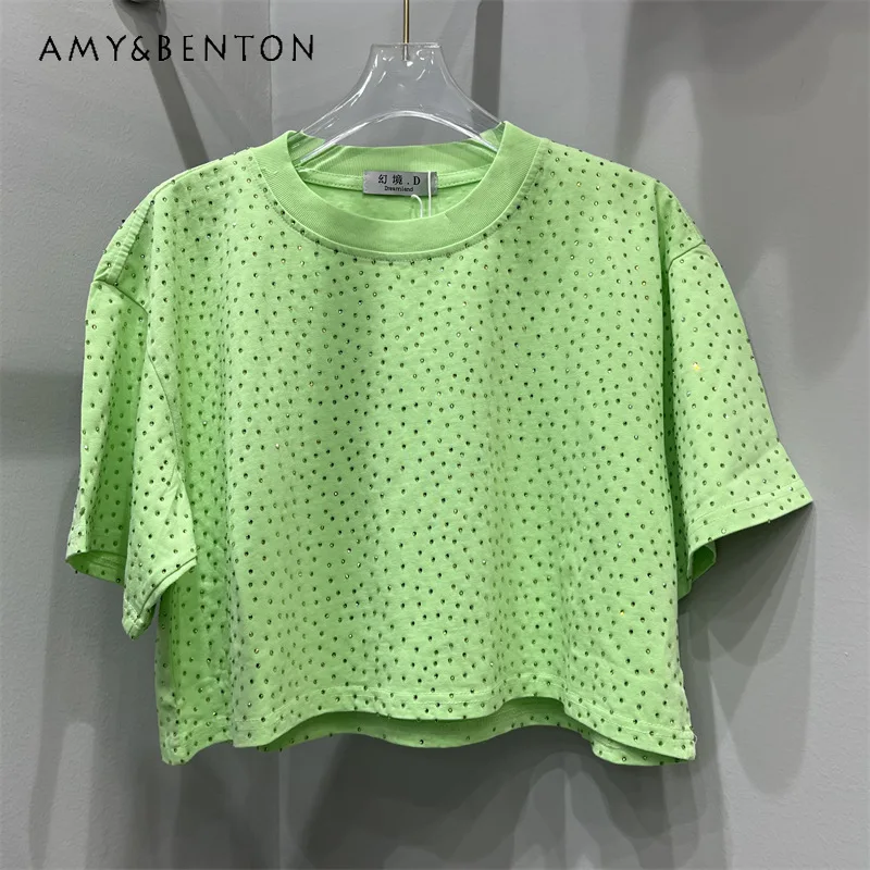 American Style Crop Top T Shirt Women New Ins Niche Loose Short Sleeved Navel Exposed Heavy Rhinestone Decor Casual Summer Tees
American Style Crop Top T Shirt Women New Ins Niche Loose Short Sleeved Navel Exposed Heavy Rhinestone Decor Casual Summer Tees