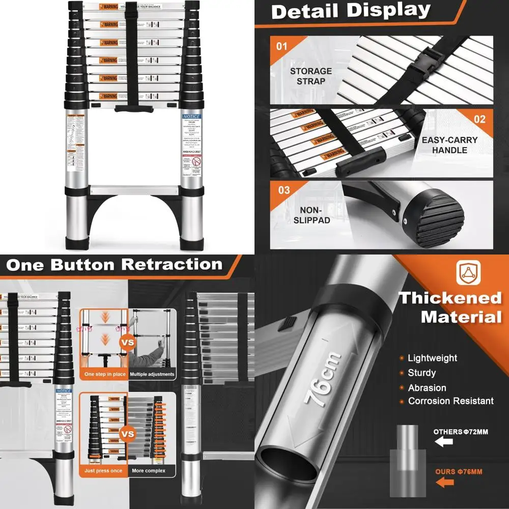 Алюминиевая удлинительная лестница, телескопическая, 12,5 футов, с втягивающей кнопкой и двойными треугольными стабилизаторами для многоцелевого использования
Алюминиевая удлинительная лестница, телескопическая, 12,5 футов, с втягивающей кнопкой и двойными треугольными стабилизаторами для многоцелевого использования