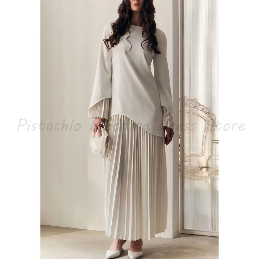 Elegant White Pleated Evening Dress for Women Long Sleeve Asymmetrical Hem Modest Muslim Wedding Guest Gown
Elegant White Pleated Evening Dress for Women Long Sleeve Asymmetrical Hem Modest Muslim Wedding Guest Gown