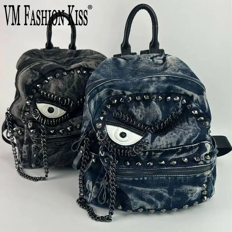 Hip-hop Punk Style Backpack Big Eyes Decals Fashion Backpack Tie-dyed Denim Schoolbag Chain Rivet Decoration Young Men And Women
Hip-hop Punk Style Backpack Big Eyes Decals Fashion Backpack Tie-dyed Denim Schoolbag Chain Rivet Decoration Young Men And Women
