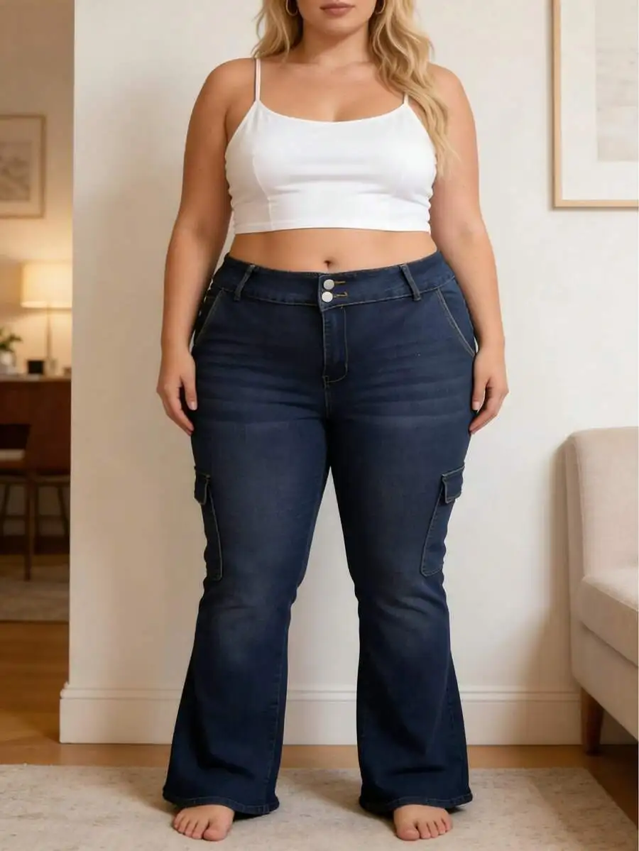 Plus Size High Waisted 2-Button Cargo Flared Jeans Medium Blue Denim
Plus Size High Waisted 2-Button Cargo Flared Jeans Medium Blue Denim