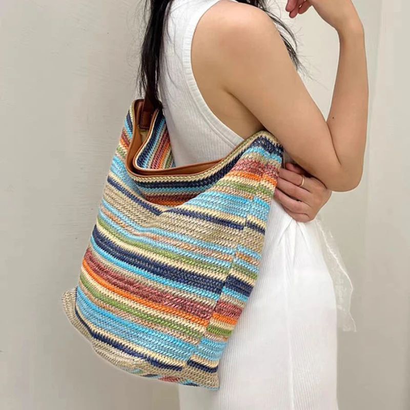 Корейская модная сумка через плечо, женская сумка-ведро с радужными полосками и цветовыми блоками, плетеная сумка с кожаным ремешком, большая сумка-тоут для путешествий
Корейская модная сумка через плечо, женская сумка-ведро с радужными полосками и цветовыми блоками, плетеная сумка с кожаным ремешком, большая сумка-тоут для путешествий