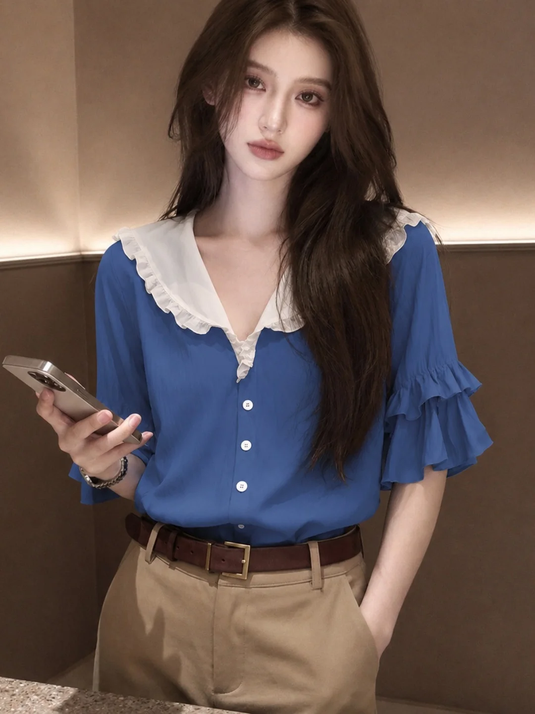 Korean Style Beautiful Color Block Lace Hem Lightweight Shirt Summer Vacation Slimming Fashionable Versatile Stylish Top
Korean Style Beautiful Color Block Lace Hem Lightweight Shirt Summer Vacation Slimming Fashionable Versatile Stylish Top