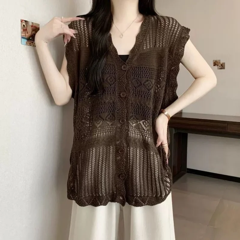 Brown Crochet Knit Open Front Vest Blouse with V Neck and Hollow Out Geometric Pattern Loose Fit Summer Women Boho Blouse
Brown Crochet Knit Open Front Vest Blouse with V Neck and Hollow Out Geometric Pattern Loose Fit Summer Women Boho Blouse
