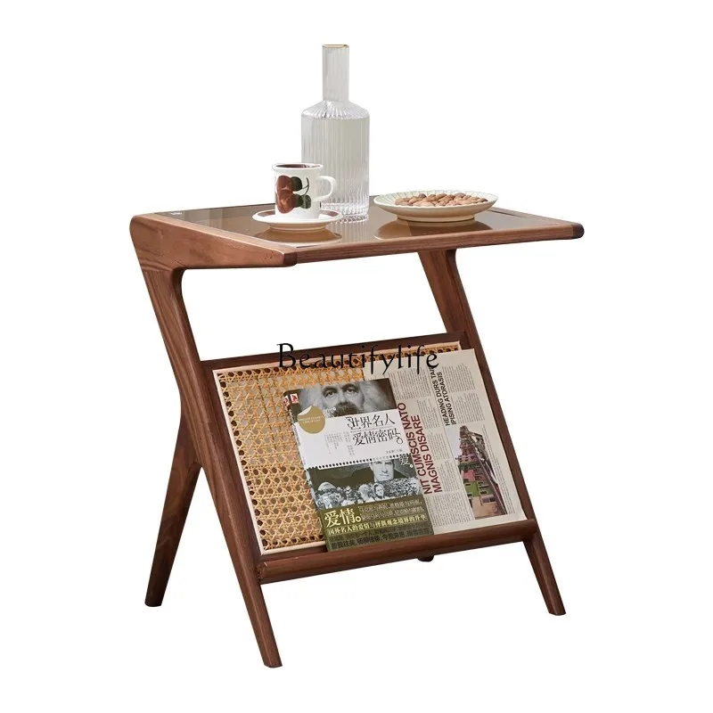 North American black walnut solid wood sofa side cabinet with a few books and newspapers, simple rattan for home use
North American black walnut solid wood sofa side cabinet with a few books and newspapers, simple rattan for home use