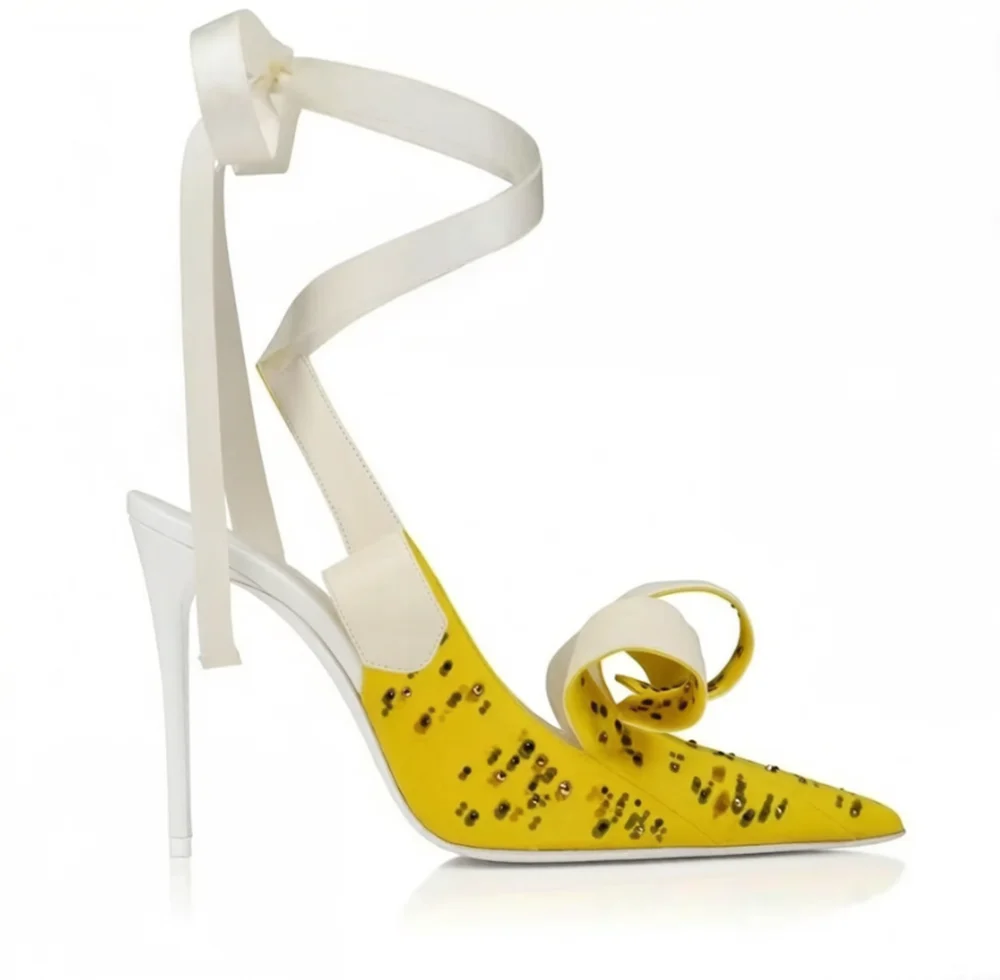 Yellow Pointed-Toe Stiletto Heels Large White Satin Bow Ankle Wrap Ties Leather Upper Elegant Lady Footwear for Evening Styling
Yellow Pointed-Toe Stiletto Heels Large White Satin Bow Ankle Wrap Ties Leather Upper Elegant Lady Footwear for Evening Styling