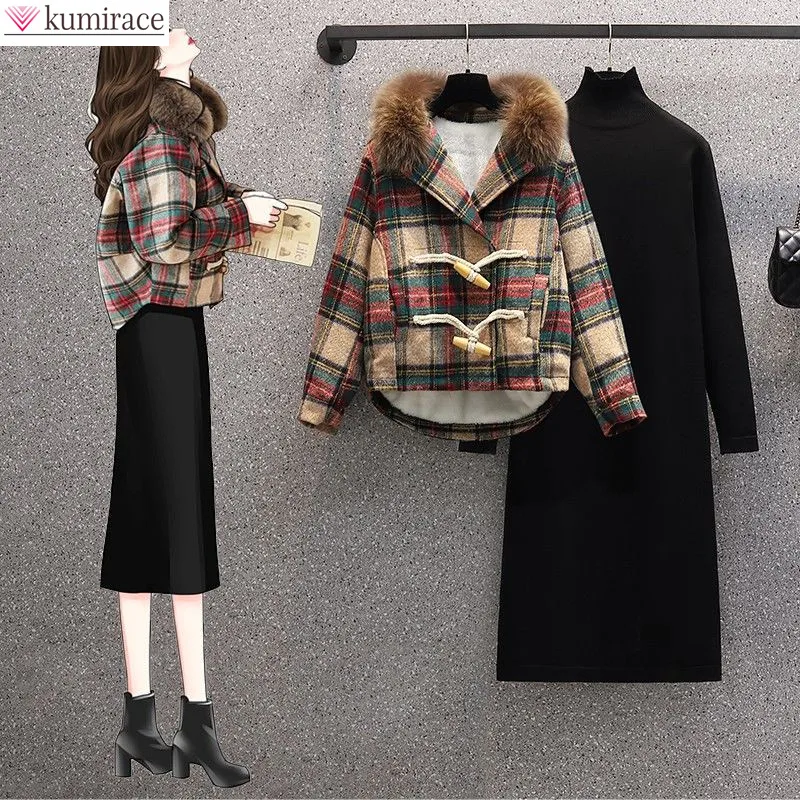 Autumn Winter2022 New Plaid Panel Thickened Plush Jacket Coat Slim Warm Sweater Dress Two-piece Elegant Women's Dress Suit
Autumn Winter2022 New Plaid Panel Thickened Plush Jacket Coat Slim Warm Sweater Dress Two-piece Elegant Women's Dress Suit