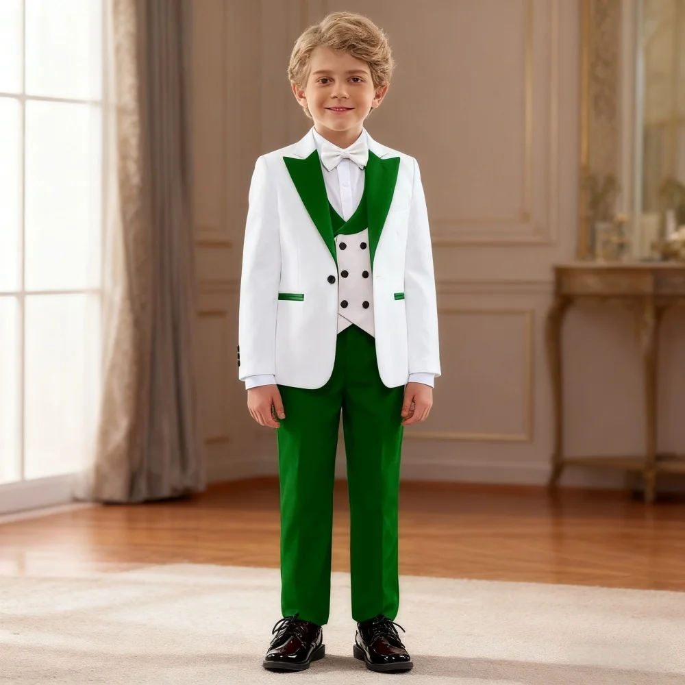 Hot Selling Emerald Green White Jacquard Boys Suit Set 4 Piece Slim Fit Blazer Vest Pants Bow Tie Kids Wedding Formal Tuxedo
Hot Selling Emerald Green White Jacquard Boys Suit Set 4 Piece Slim Fit Blazer Vest Pants Bow Tie Kids Wedding Formal Tuxedo