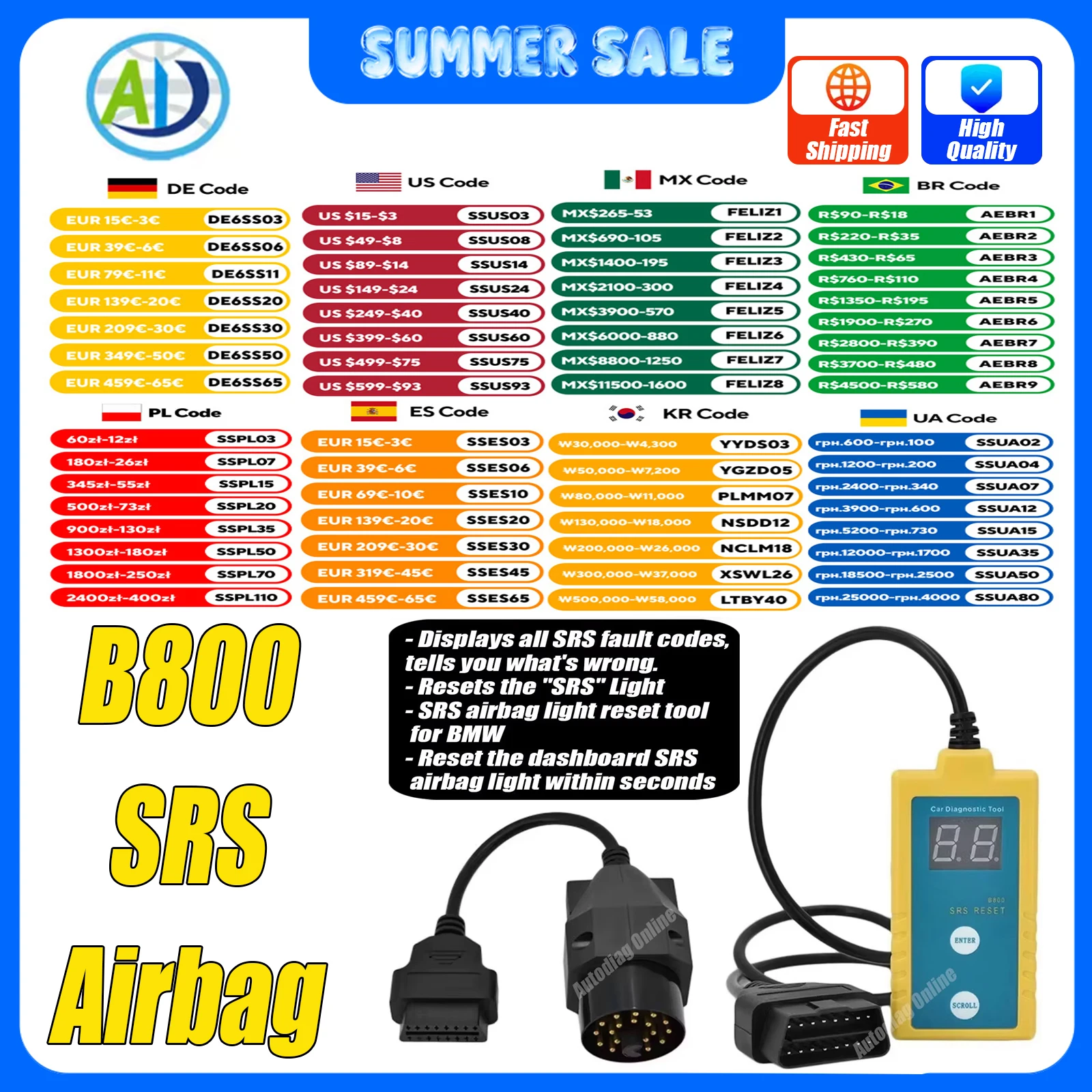 OBD2 Airbag Reset Tool For E36 E46 E34 E38 E39 Z3 Z4 X5 Vehicle B800 SRS Airbag Error Code Remover OBDII Diagnostic Scan Tool
OBD2 Airbag Reset Tool For E36 E46 E34 E38 E39 Z3 Z4 X5 Vehicle B800 SRS Airbag Error Code Remover OBDII Diagnostic Scan Tool