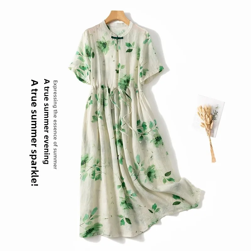 Retro Buttoned Linen Print Dr Summer Large Size Women's High Collar ort Sve Dstring Waist Long A-Line Skirt
Retro Buttoned Linen Print Dr Summer Large Size Women's High Collar ort Sve Dstring Waist Long A-Line Skirt