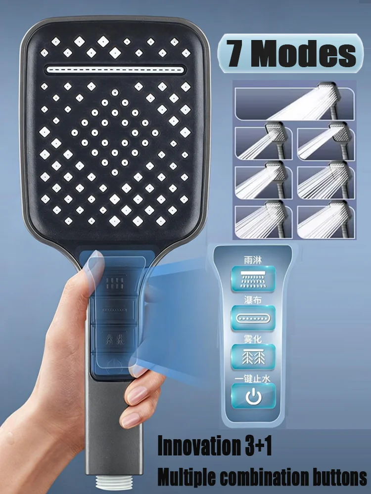 New 3+1 Multiple Combination Buttons 7 Modes Pressure Boost Shower Head High Pressure Large Flow One-Key Stop Water Showerhead
New 3+1 Multiple Combination Buttons 7 Modes Pressure Boost Shower Head High Pressure Large Flow One-Key Stop Water Showerhead