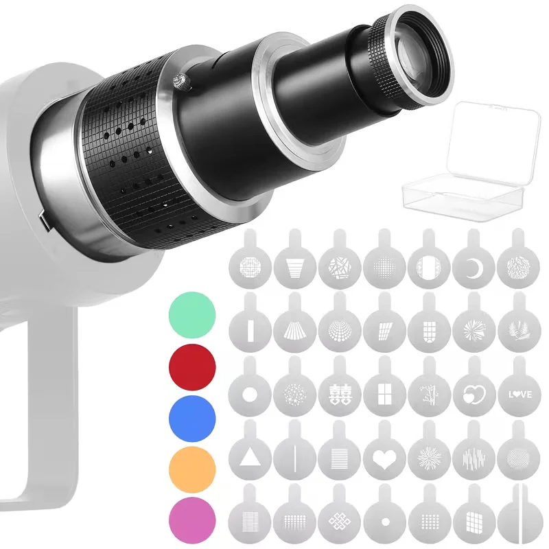Bowens Mount Projector Attachment,Spotlight Conical Optical Snoot Photography kit for Photography Studio Lighting Accessory with 5 Color Filters & 34 Gobos for Godox Neewer LED Video Light
Bowens Mount Projector Attachment,Spotlight Conical Optical Snoot Photography kit for Photography Studio Lighting Accessory with 5 Color Filters & 34 Gobos for Godox Neewer LED Video Light
