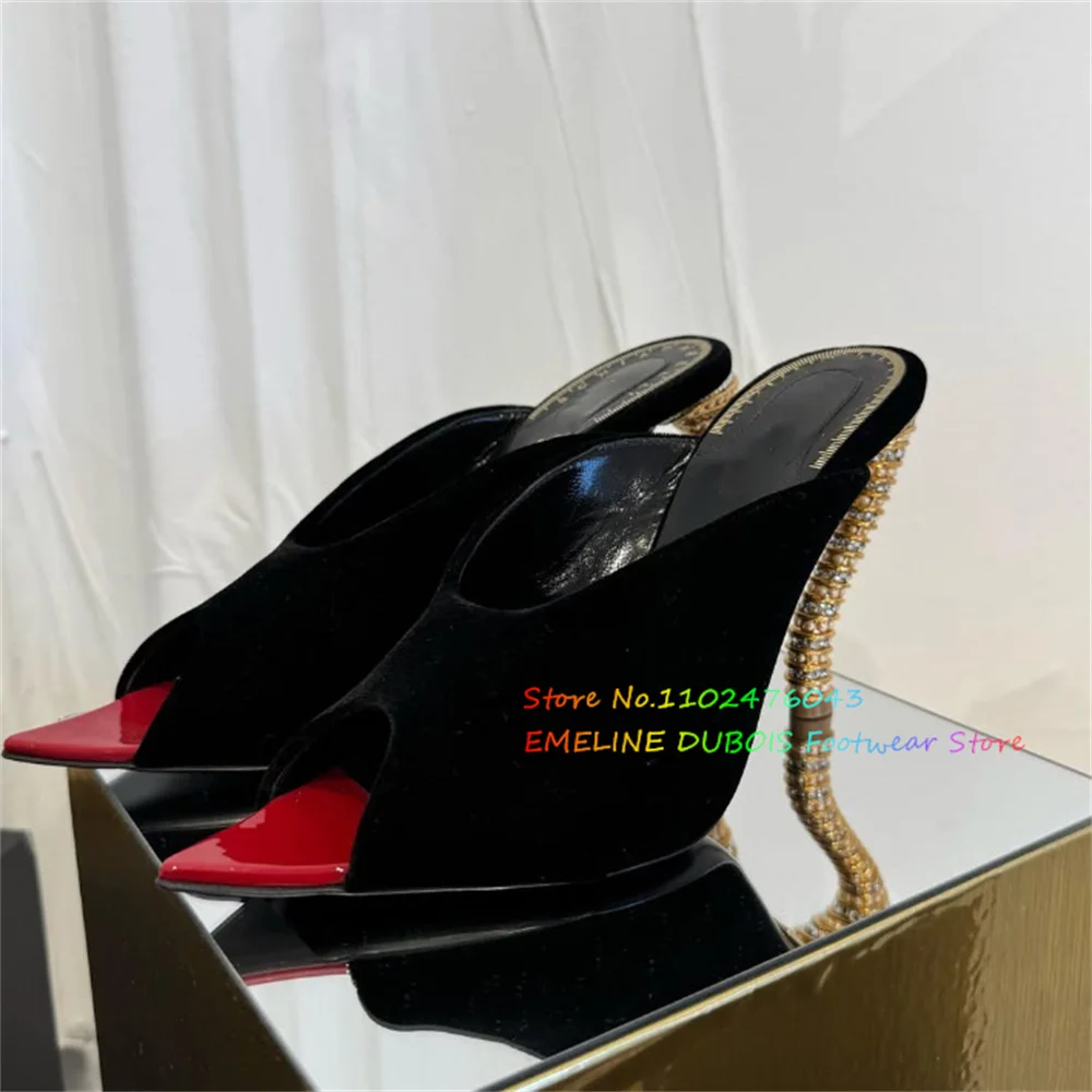 Black Suede Crystal Metal Heel Mules Red Pointy Toe Gold Strange Heel Solid Color Slingback Banquet Catwalk Trendy Lady Slippers
Black Suede Crystal Metal Heel Mules Red Pointy Toe Gold Strange Heel Solid Color Slingback Banquet Catwalk Trendy Lady Slippers