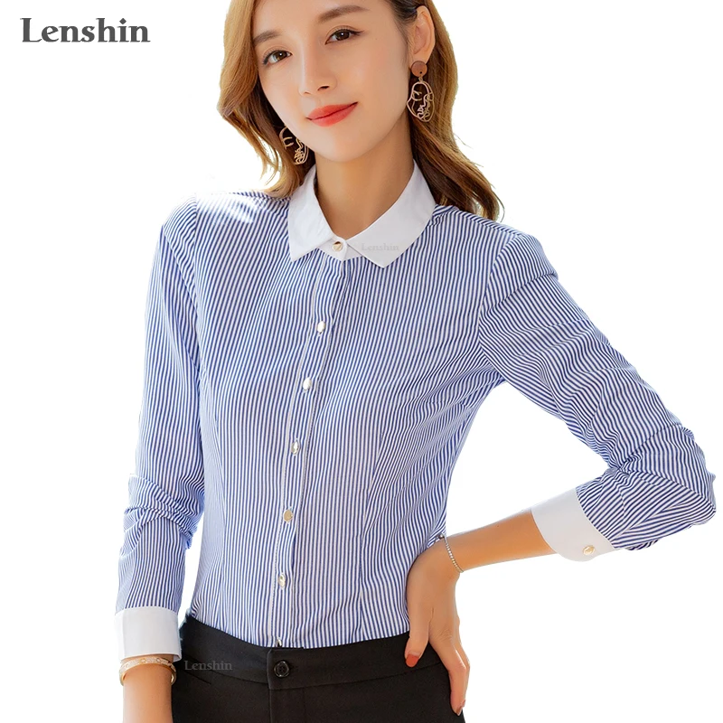 Lenshin Blue and White Stripe Shirts for Women Long Sleeve Blouse Work Wear Office Lady Female Tops Chemise Contrast Collar
Lenshin Blue and White Stripe Shirts for Women Long Sleeve Blouse Work Wear Office Lady Female Tops Chemise Contrast Collar