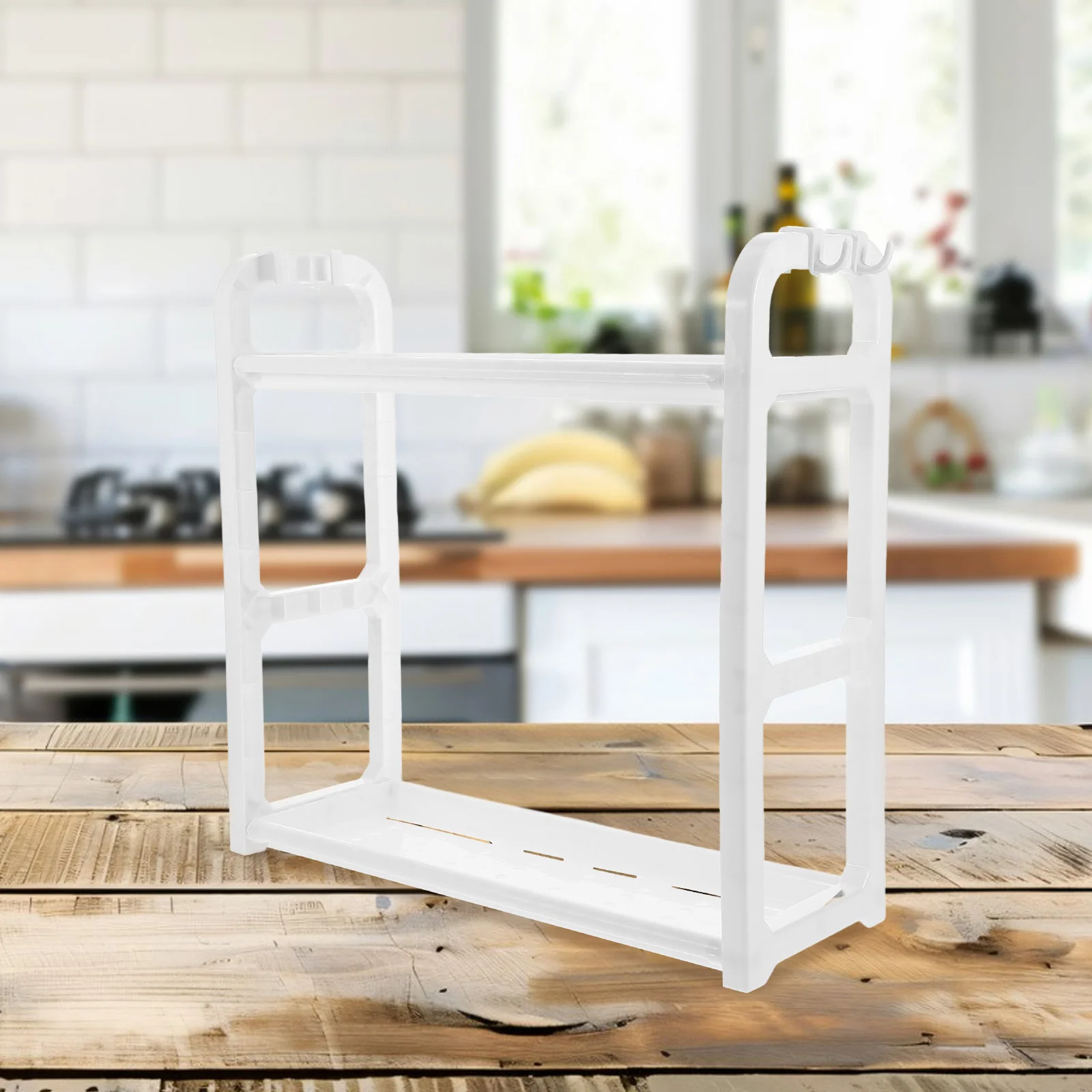 Double Layer Kitchen Counter Organizer Rack with Side Hooks for Spices Cans Shampoo Bottles Bathroom Countertop Shelf in White
Double Layer Kitchen Counter Organizer Rack with Side Hooks for Spices Cans Shampoo Bottles Bathroom Countertop Shelf in White