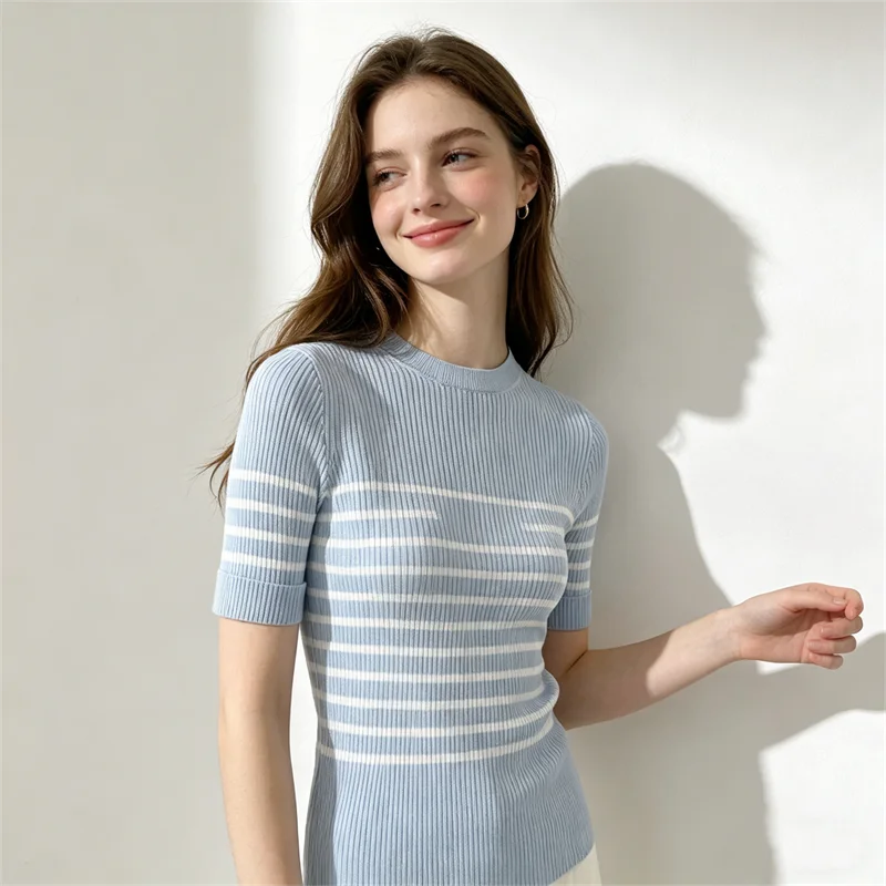 Summer Women's Slim-Fit Striped Knit Short-Sleeve Thin Elastic Navy Style Round-Neck Socialite Style T-Shirt Top for Summer
Summer Women's Slim-Fit Striped Knit Short-Sleeve Thin Elastic Navy Style Round-Neck Socialite Style T-Shirt Top for Summer