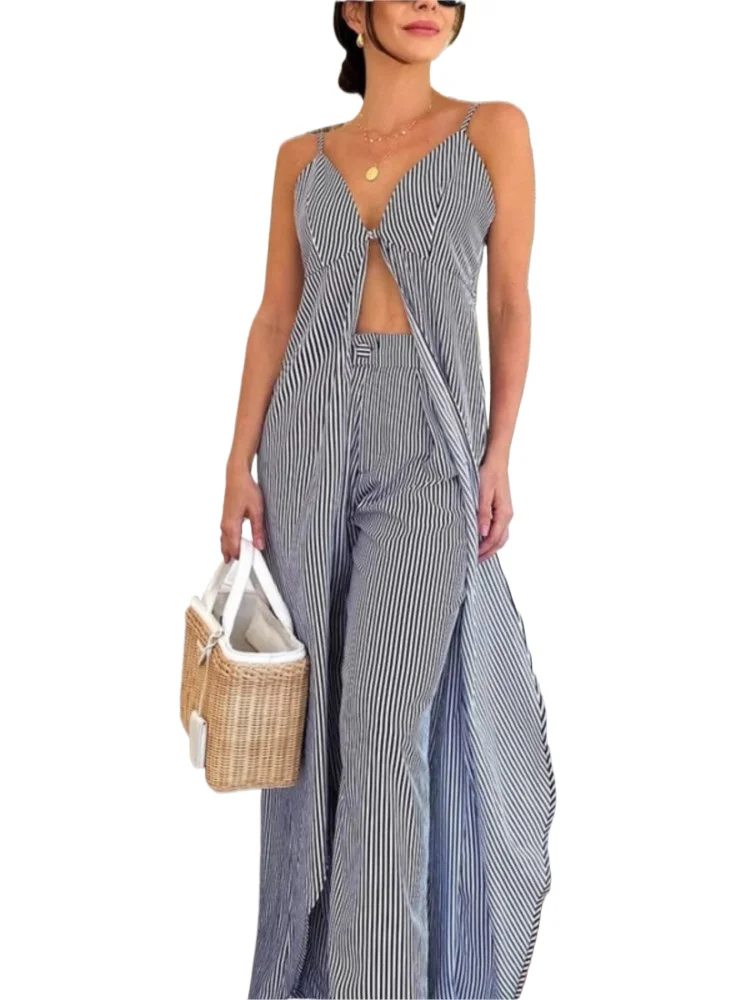 Fashion Stripe Pants Sets Women Sexy V-neck Spaghetti Strap Long Tops Trousers Two Piece Set Female Vacation Style 2 Piece Suits
Fashion Stripe Pants Sets Women Sexy V-neck Spaghetti Strap Long Tops Trousers Two Piece Set Female Vacation Style 2 Piece Suits