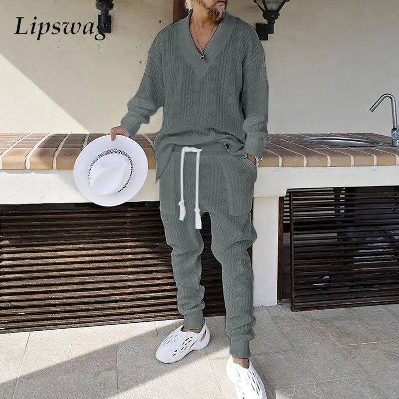 2024 Spring Fall Knitwear Mens Outfits Casual Two Piece Sets Long Sleeve V Neck Jumper Tops And Pants Men Suits Knitted Clothing
2024 Spring Fall Knitwear Mens Outfits Casual Two Piece Sets Long Sleeve V Neck Jumper Tops And Pants Men Suits Knitted Clothing