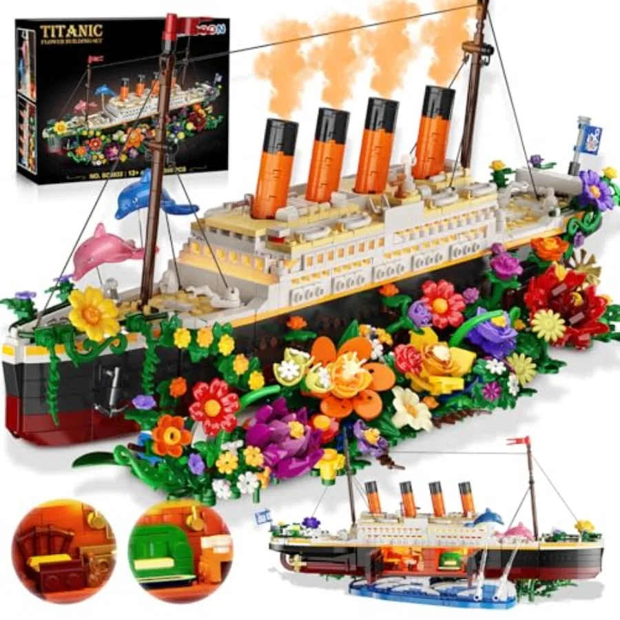 Home decor building set: floral Titanic ship model with lights ABS plastic white and pink 1860 pcs detailed botanical sea desig
Home decor building set: floral Titanic ship model with lights ABS plastic white and pink 1860 pcs detailed botanical sea desig
