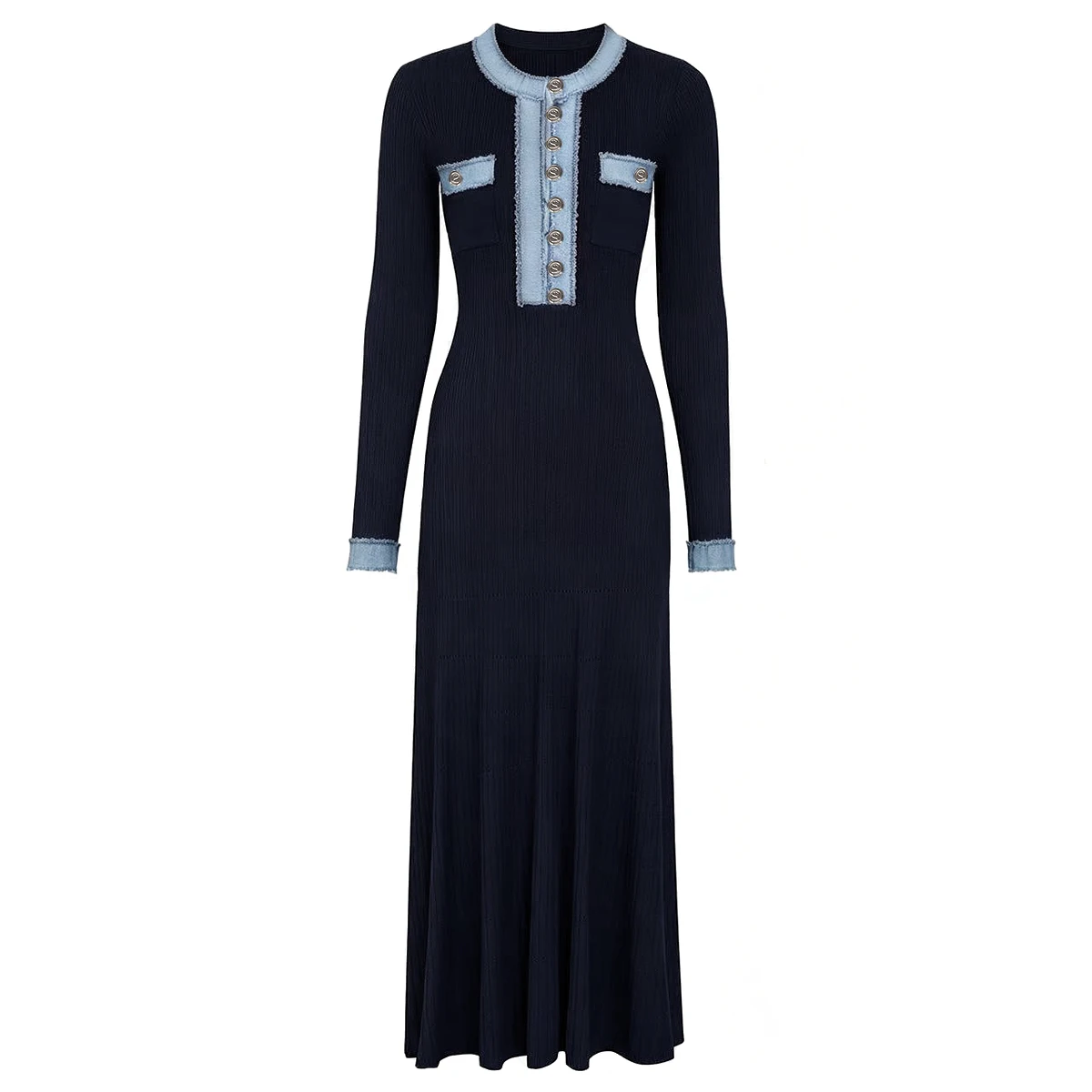 26162 Spring Autumn Fashion Women Round Neck Long Sleeve Knit Patchwork Denim Dress Slim Fit Soft Daily Office Dress
26162 Spring Autumn Fashion Women Round Neck Long Sleeve Knit Patchwork Denim Dress Slim Fit Soft Daily Office Dress