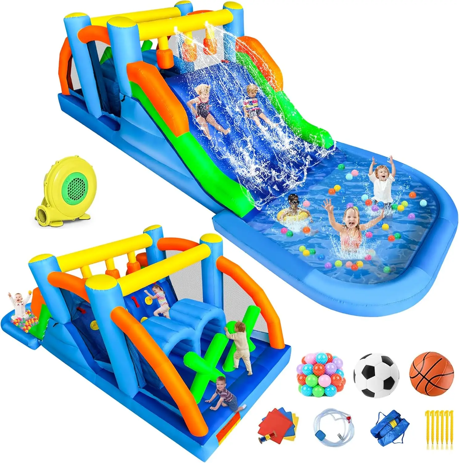 Inflatable 8-in-1 Water Park: Obstacle Course Bounce House, Climbing Wall, Large Splash Pool, Sprinklers, Bouncy Castle Waterslide with 680W Blower
Inflatable 8-in-1 Water Park: Obstacle Course Bounce House, Climbing Wall, Large Splash Pool, Sprinklers, Bouncy Castle Waterslide with 680W Blower