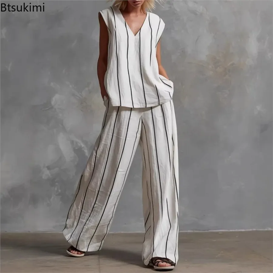 New 2026 Women's Vertical Striped Loose V-neck Tops+Wide Leg Pants 2-piece Sets Summer Simple Casual Cotton Linen Trousers Sets
New 2026 Women's Vertical Striped Loose V-neck Tops+Wide Leg Pants 2-piece Sets Summer Simple Casual Cotton Linen Trousers Sets