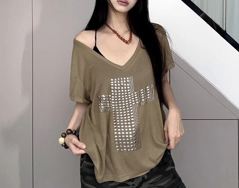 Street style sub-cross hot copper casual big t-shirt V-neck loose slouchy knit top women
Street style sub-cross hot copper casual big t-shirt V-neck loose slouchy knit top women