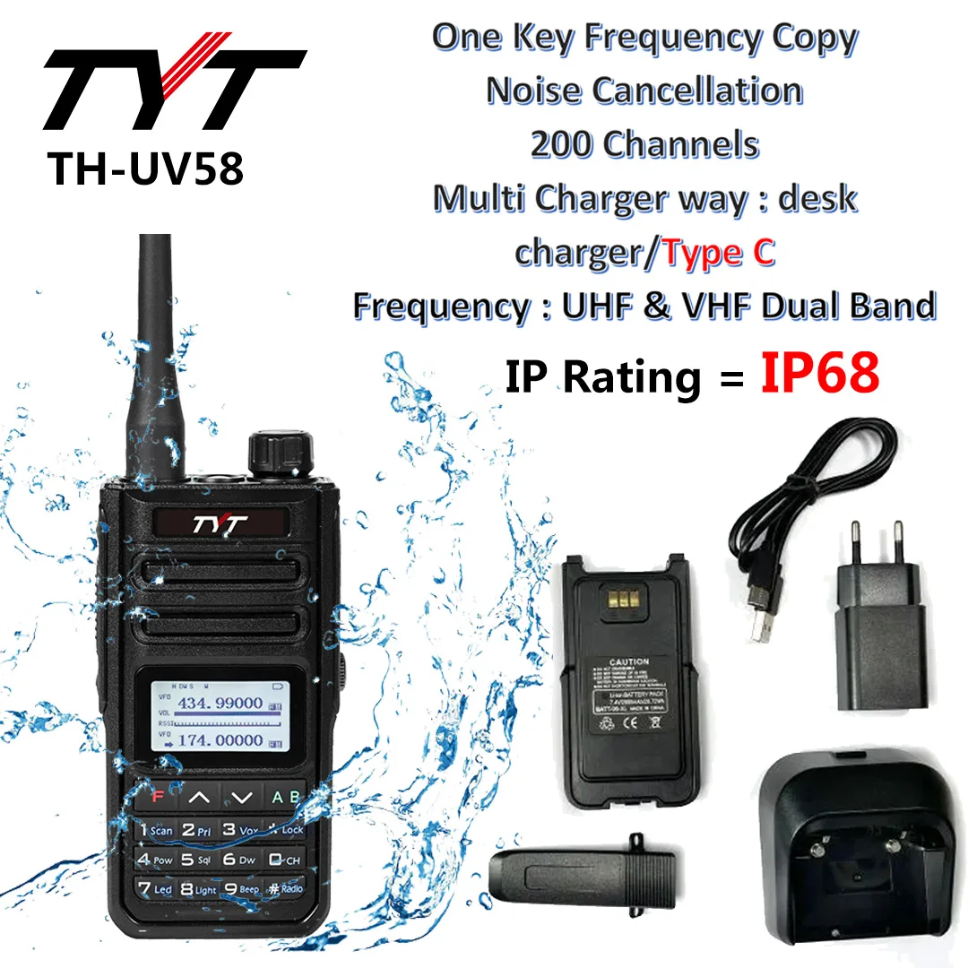 TYT TH-UV58 10 Вт IP68 Водонепроницаемая радиостанция 200 каналов VHF/UHF Type-C Зарядка 3200 мАч Рация TH-UV99
TYT TH-UV58 10 Вт IP68 Водонепроницаемая радиостанция 200 каналов VHF/UHF Type-C Зарядка 3200 мАч Рация TH-UV99