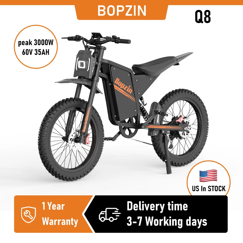Bopzin Q8 3000W Electric Dirt Bike for Adults 45MPH 60V 35AH 25’’ Fat Tire off-Road Mountain Bike UL2849
Bopzin Q8 3000W Electric Dirt Bike for Adults 45MPH 60V 35AH 25’’ Fat Tire off-Road Mountain Bike UL2849
