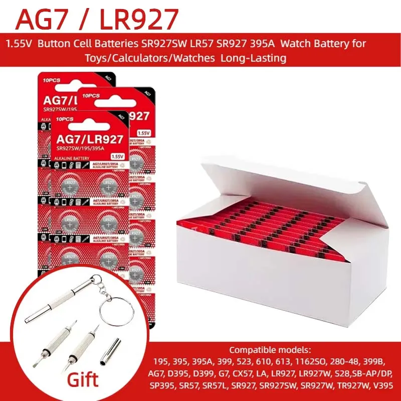 1.55V AG7 LR927 Button Cell Battery - SR927SW/LR57/SR927/395A Compatible, Long-Lasting for Watches/Toys/Calculators/Electronic
1.55V AG7 LR927 Button Cell Battery - SR927SW/LR57/SR927/395A Compatible, Long-Lasting for Watches/Toys/Calculators/Electronic