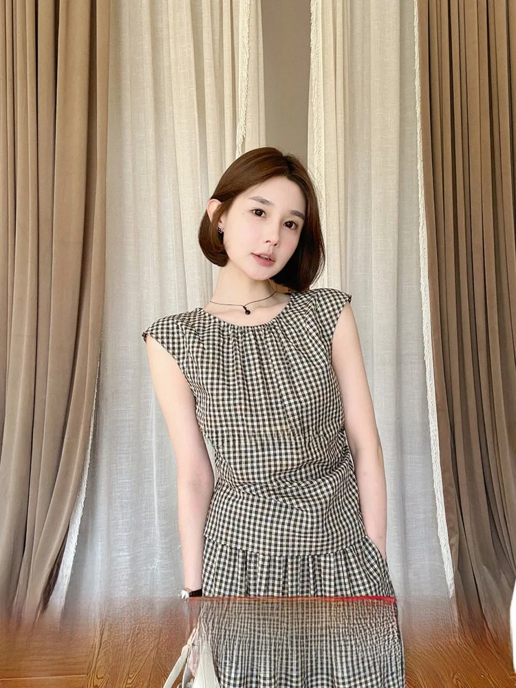 Summer Slim Fit Shirt Women's round Neck Sleeveless Plaid Yellow Brown Gingham Print Drawstring Miniature Puff Sleeve Top
Summer Slim Fit Shirt Women's round Neck Sleeveless Plaid Yellow Brown Gingham Print Drawstring Miniature Puff Sleeve Top