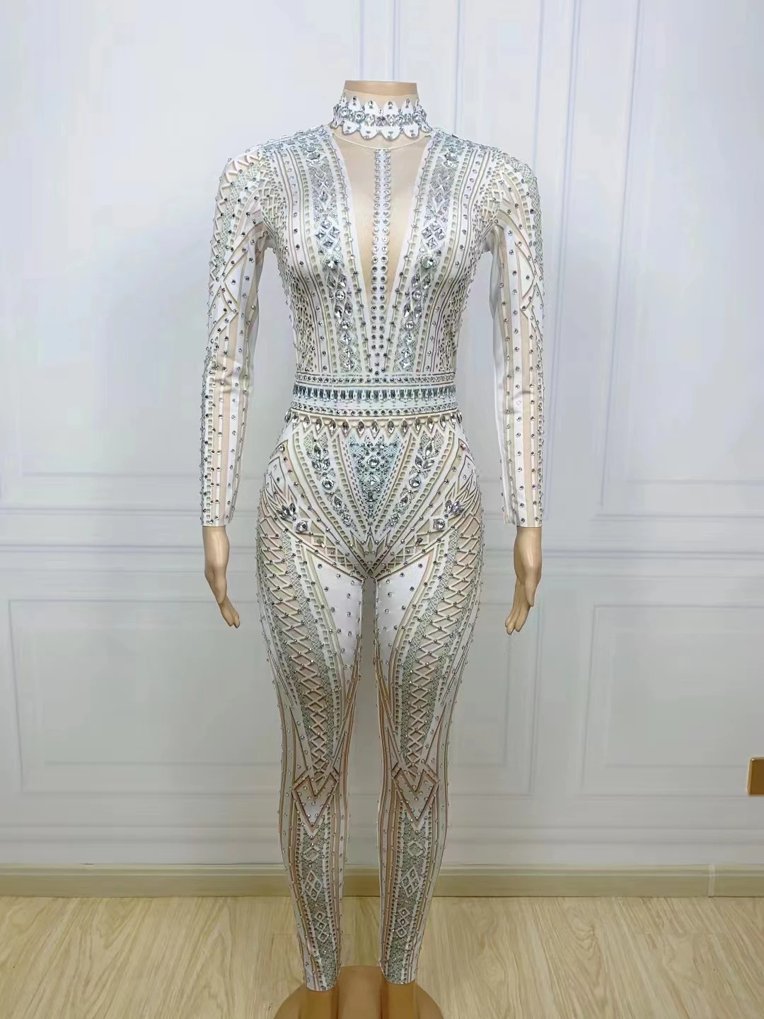Silver Rhinestones Nude White Printed JumpsuitWomen Dance Performance Costume Prom PartyBirthday Bodysuit D021
Silver Rhinestones Nude White Printed JumpsuitWomen Dance Performance Costume Prom PartyBirthday Bodysuit D021