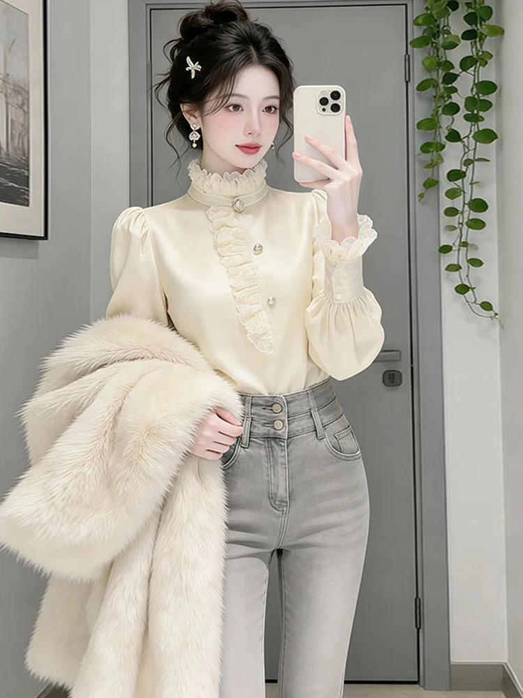 Ele Champagne Color Lantern Sve irt Women's Autumn Winter Long Sve Stand Collar Lace Trim Commute Top
Ele Champagne Color Lantern Sve irt Women's Autumn Winter Long Sve Stand Collar Lace Trim Commute Top