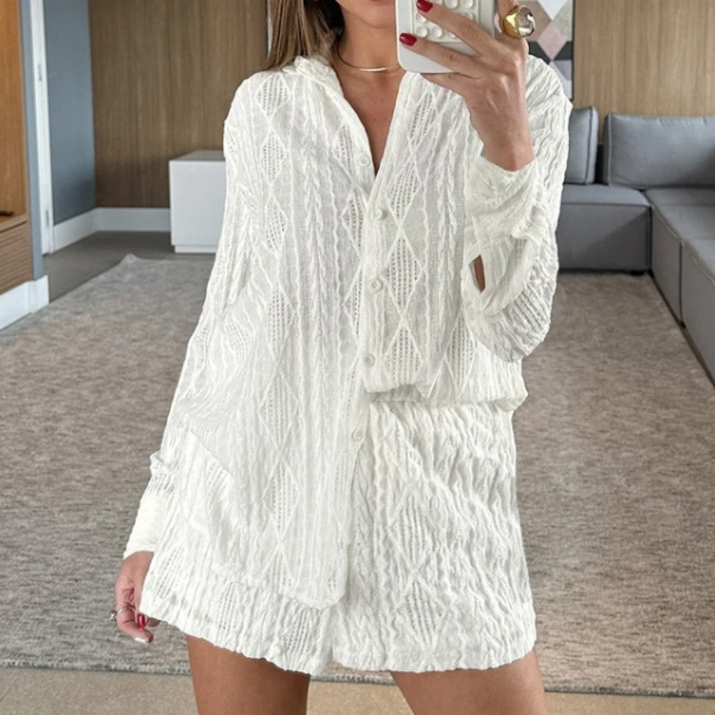 Casual Comfortable Women's Loungewear Spring Summer New Knitted Jacquard Cardigan Long Sleeves Shorts Pajama Set Leisure L
Casual Comfortable Women's Loungewear Spring Summer New Knitted Jacquard Cardigan Long Sleeves Shorts Pajama Set Leisure L