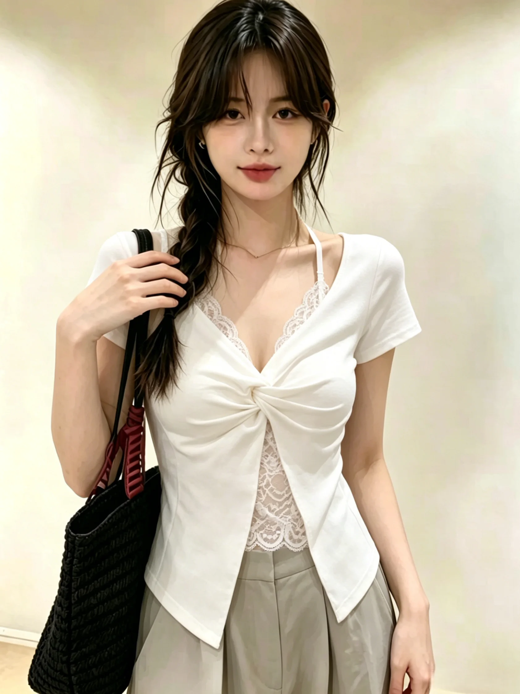Korean Style Lace Short Sleeve V-Neck Top Women's Summer New Sexy Self-Preservation Knot Hanging Neck Fake Two-Piece T-Shirt
Korean Style Lace Short Sleeve V-Neck Top Women's Summer New Sexy Self-Preservation Knot Hanging Neck Fake Two-Piece T-Shirt