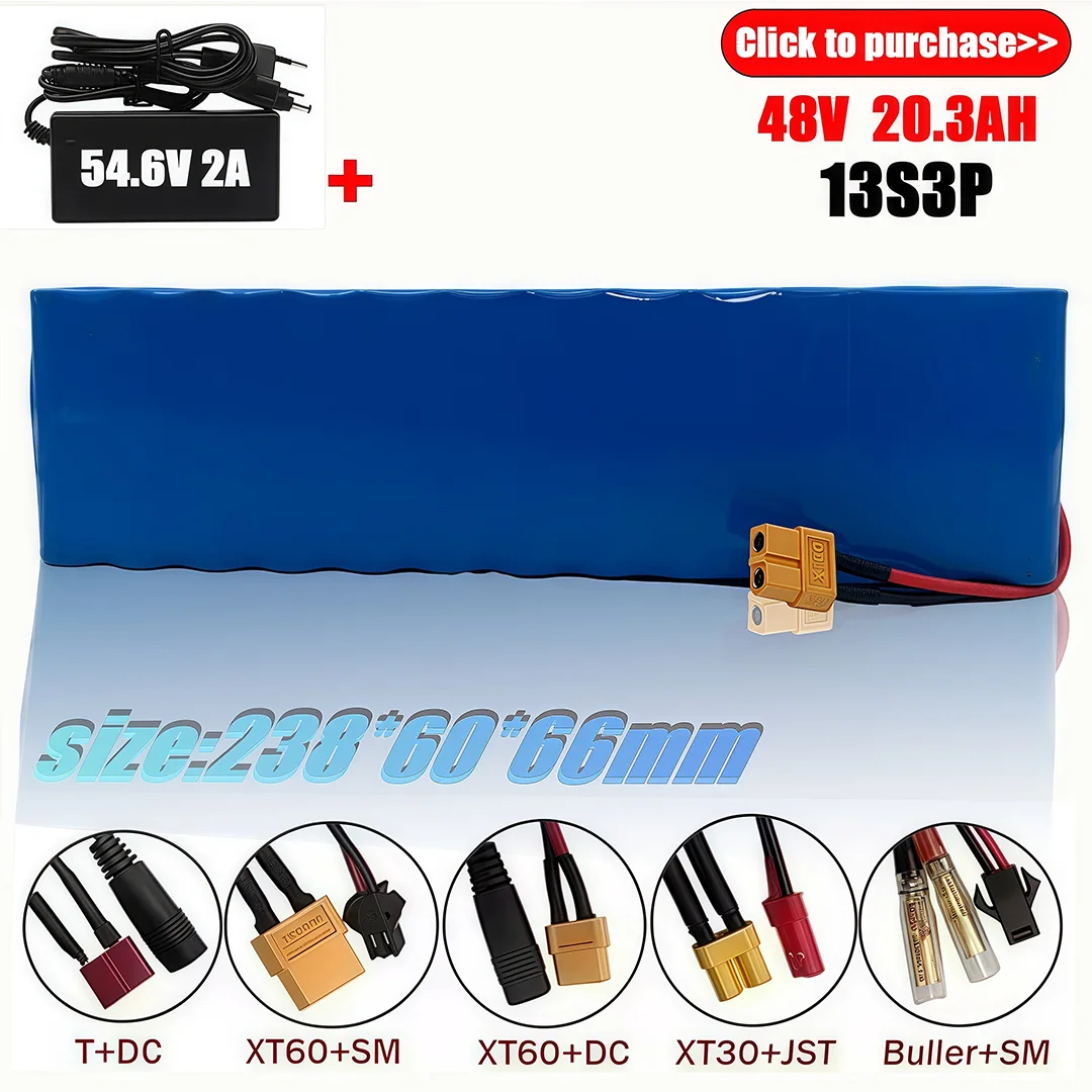 2025 NEW 13S3P Battery 20300mAh real capacity XT60 18650 Lithium ion Battery Pack 20.3Ah 500W 1000W For 48V E-bk BMS 2A Charger 
2025 NEW 13S3P Battery 20300mAh real capacity XT60 18650 Lithium ion Battery Pack 20.3Ah 500W 1000W For 48V E-bk BMS 2A Charger