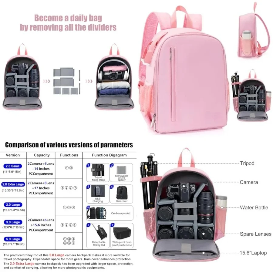Camera Backpack Bag Professional for DSLR/SLR Mirrorless Camera Waterproof, Camera Case Compatible for Sony Canon Nikon Camera and Lens Tripod Accessories (Small, Pink)
Camera Backpack Bag Professional for DSLR/SLR Mirrorless Camera Waterproof, Camera Case Compatible for Sony Canon Nikon Camera and Lens Tripod Accessories (Small, Pink)